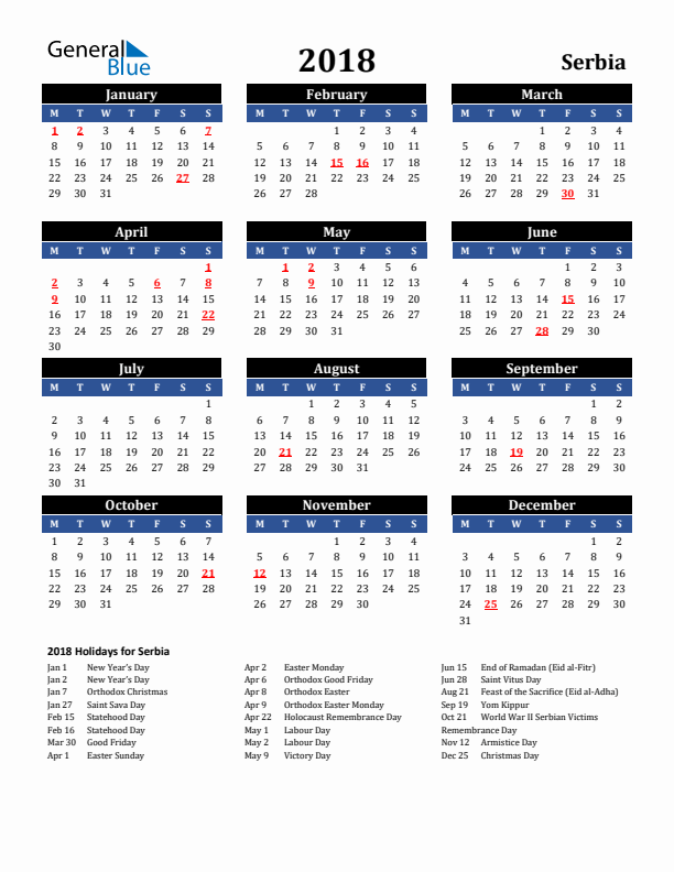 2018 Serbia Holiday Calendar