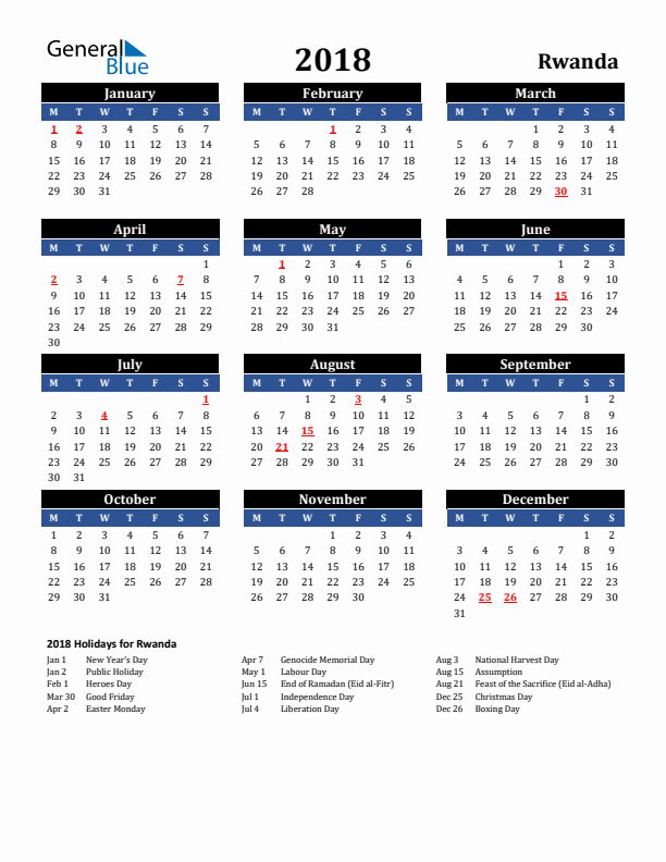2018 Rwanda Holiday Calendar