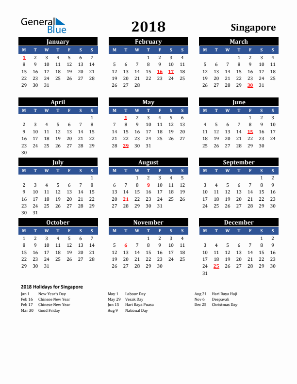 2018 Singapore Holiday Calendar