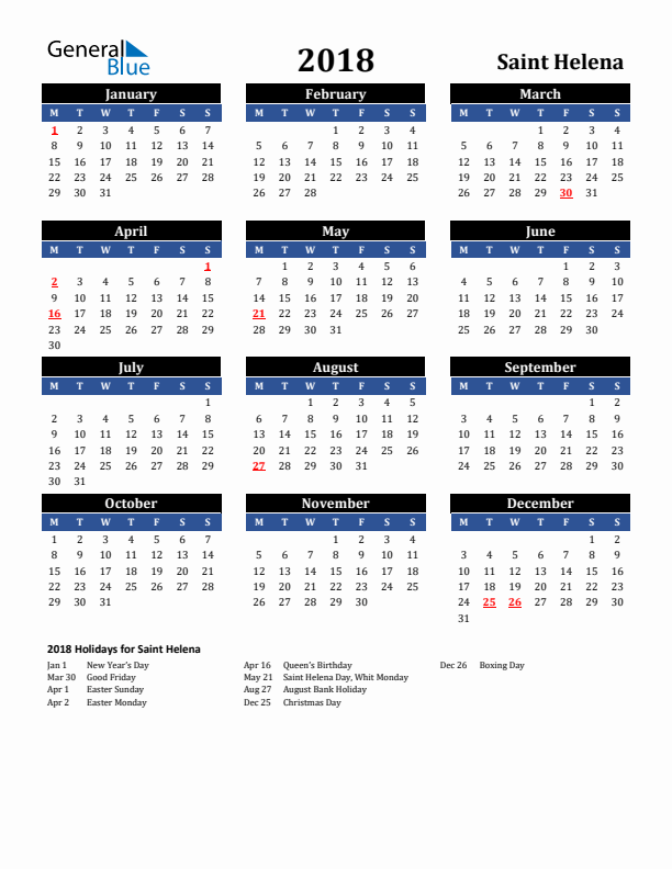 2018 Saint Helena Holiday Calendar