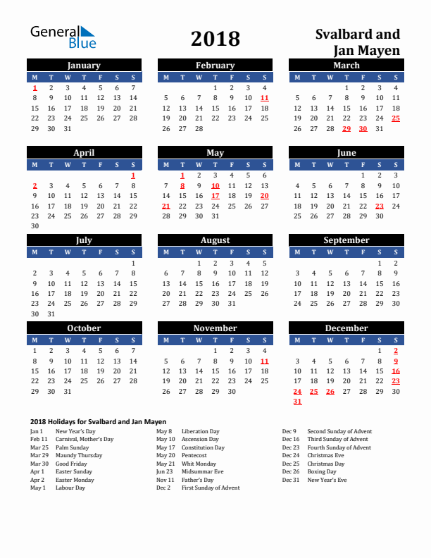 2018 Svalbard and Jan Mayen Holiday Calendar