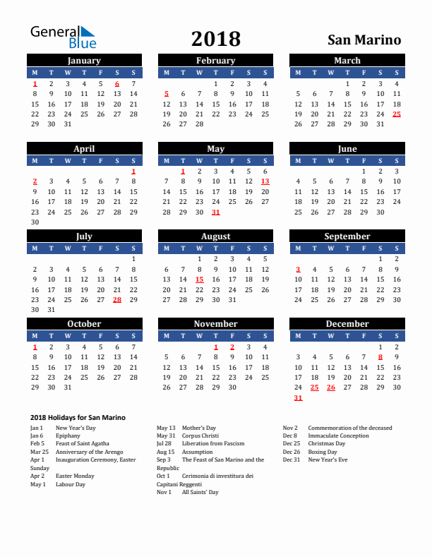 2018 San Marino Holiday Calendar