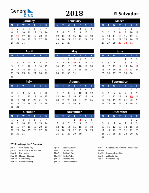 2018 El Salvador Holiday Calendar