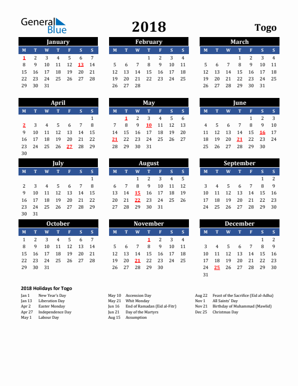 2018 Togo Holiday Calendar