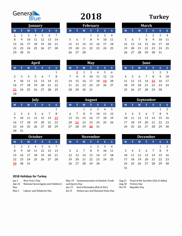 2018 Turkey Holiday Calendar