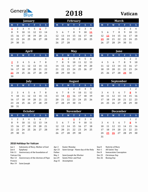 2018 Vatican Holiday Calendar