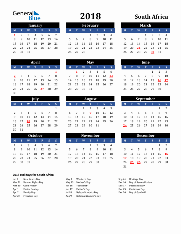 2018 South Africa Holiday Calendar