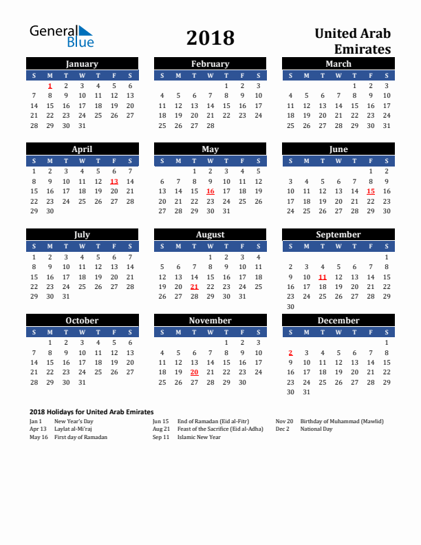 2018 United Arab Emirates Holiday Calendar
