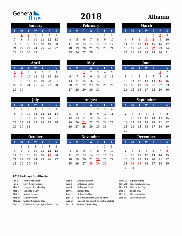 2018 Albania Holiday Calendar