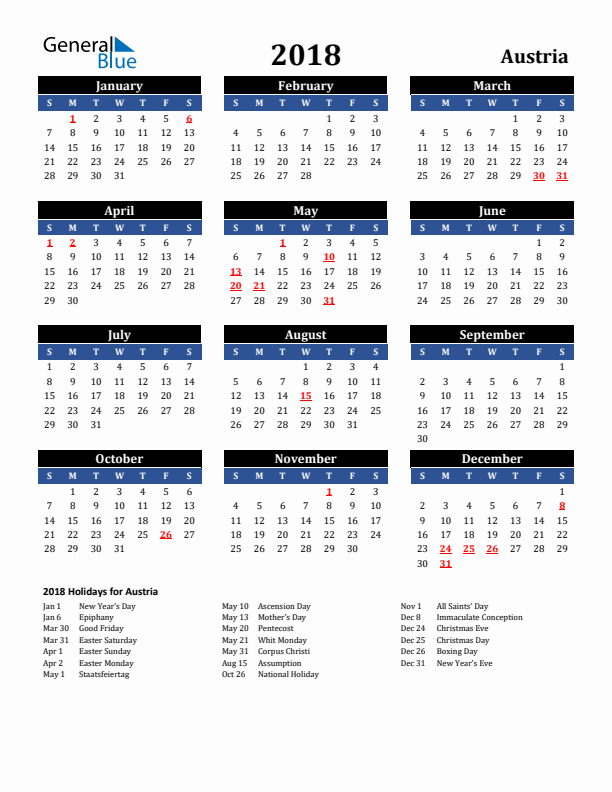 2018 Austria Holiday Calendar
