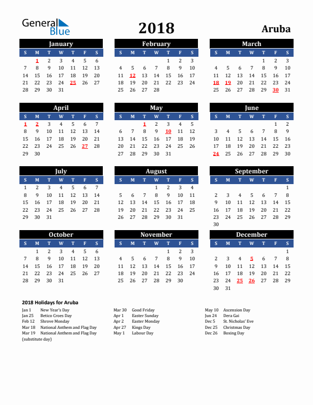 2018 Aruba Holiday Calendar