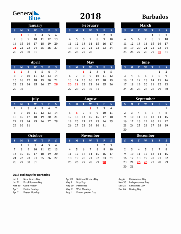 2018 Barbados Holiday Calendar