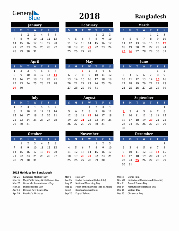 2018 Bangladesh Holiday Calendar