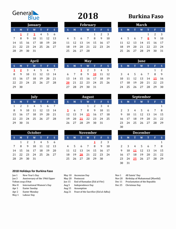 2018 Burkina Faso Holiday Calendar