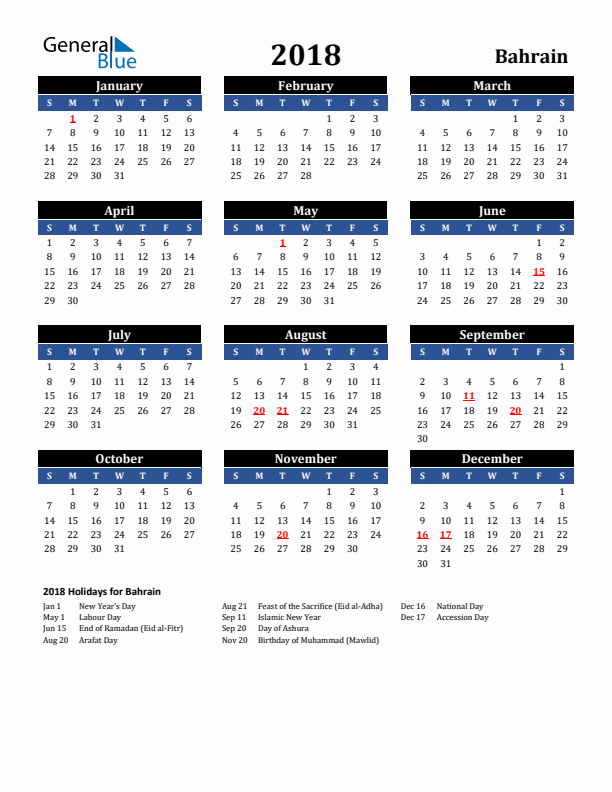 2018 Bahrain Holiday Calendar