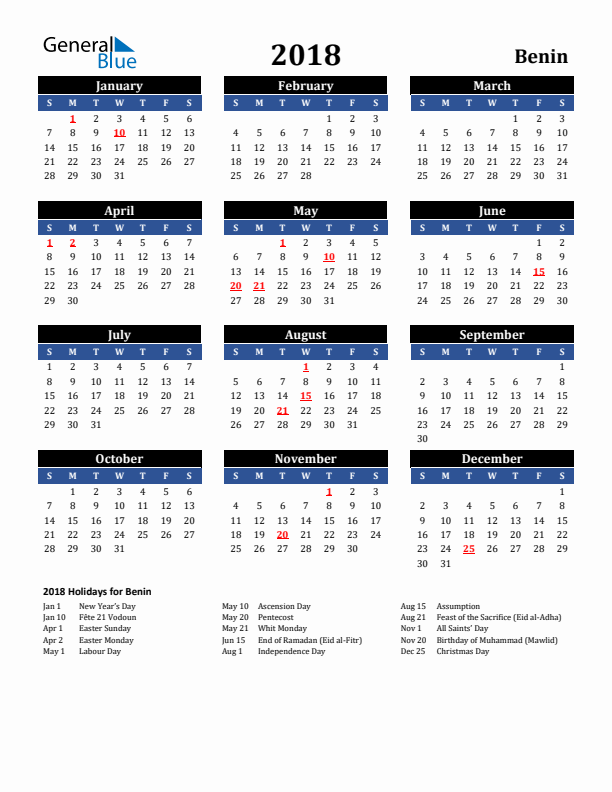 2018 Benin Holiday Calendar