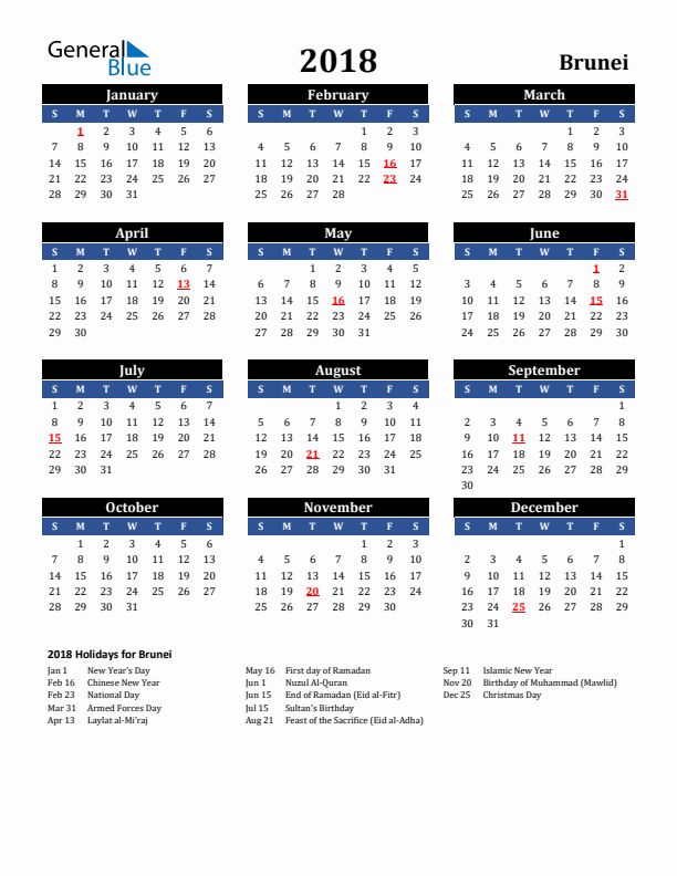 2018 Brunei Holiday Calendar