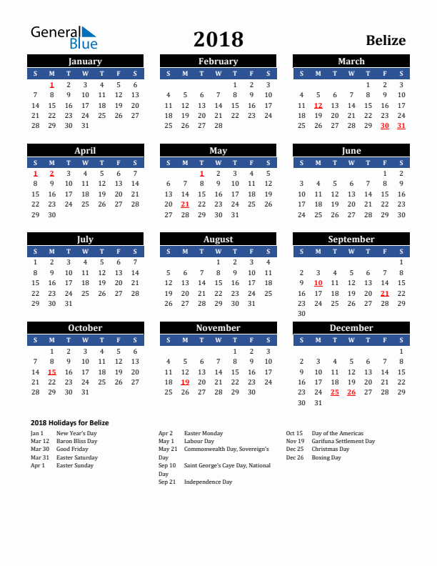 2018 Belize Holiday Calendar
