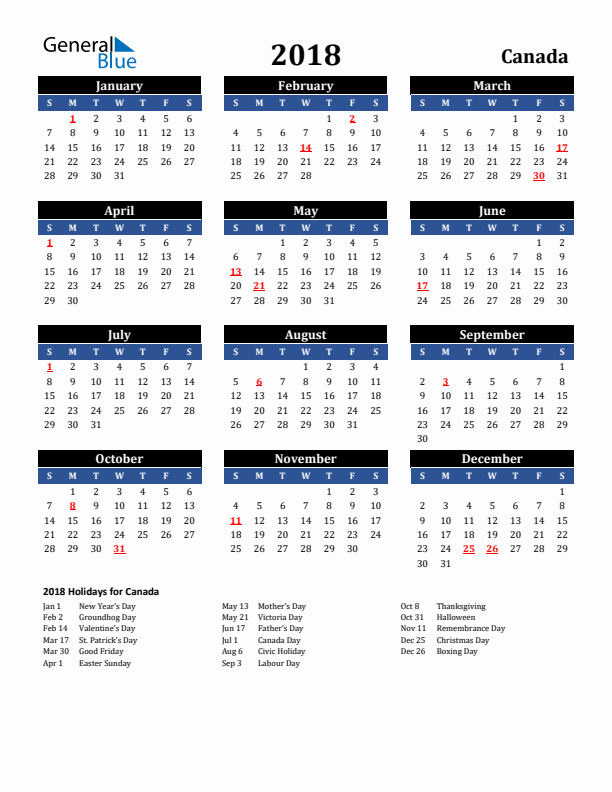 2018 Canada Holiday Calendar