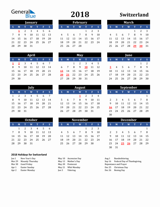 2018 Switzerland Holiday Calendar