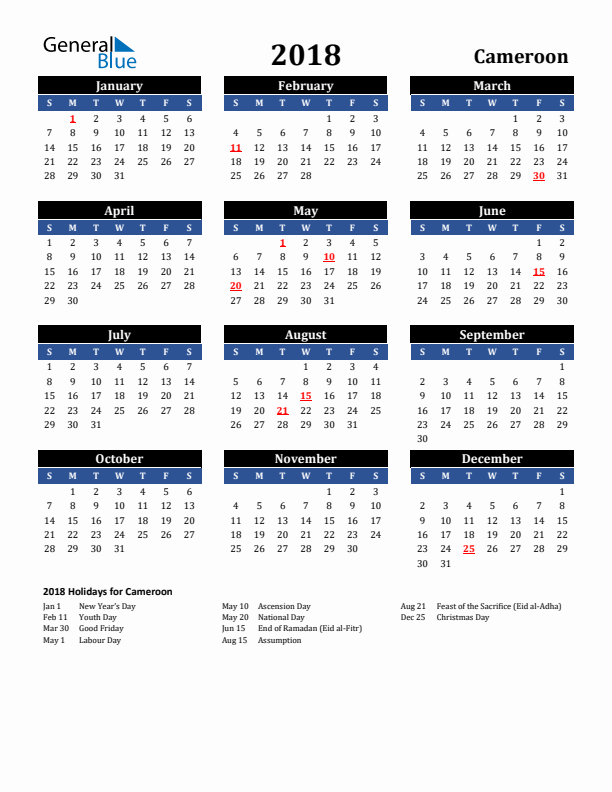 2018 Cameroon Holiday Calendar