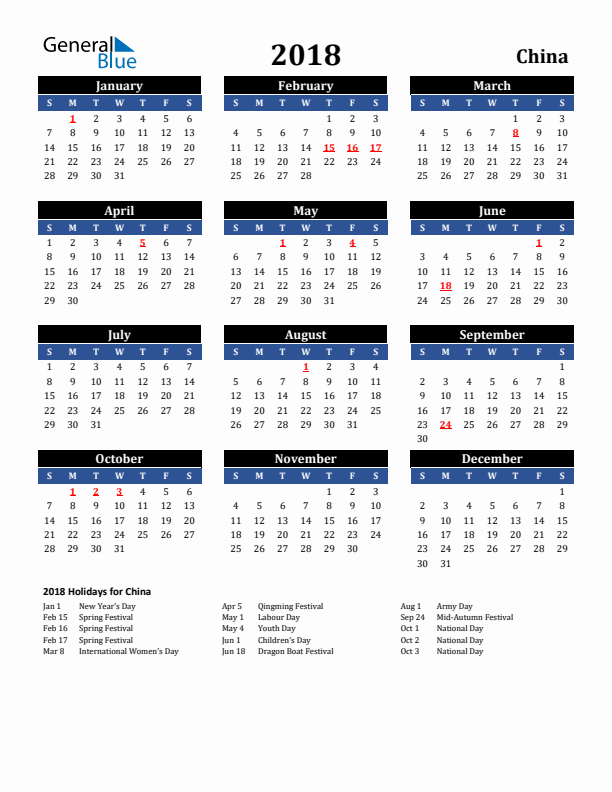 2018 China Holiday Calendar