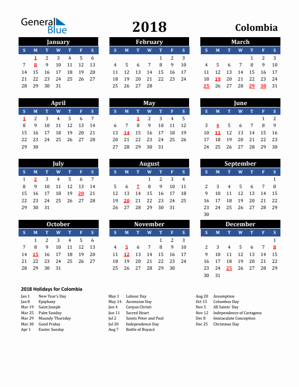 2018 Colombia Holiday Calendar