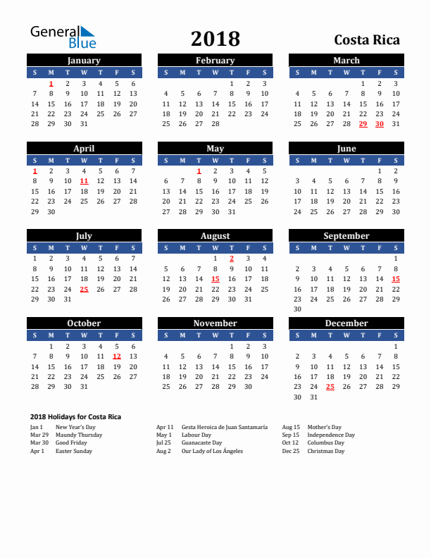 2018 Costa Rica Holiday Calendar