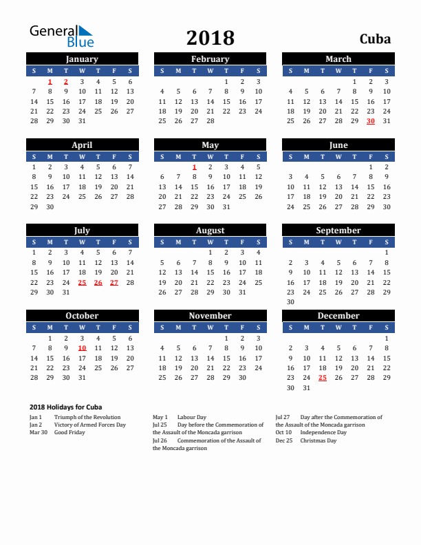 2018 Cuba Holiday Calendar