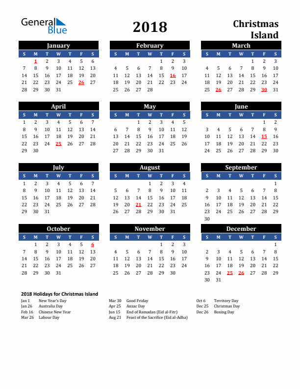 2018 Christmas Island Holiday Calendar