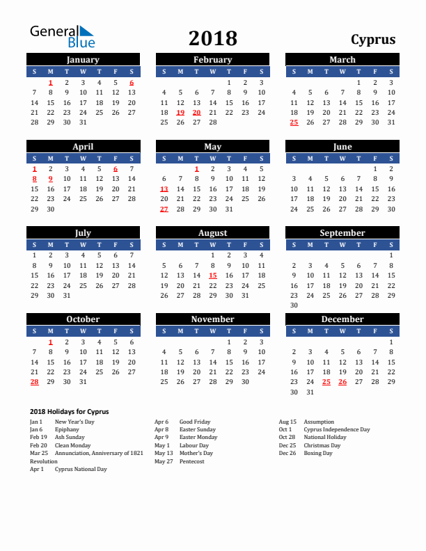 2018 Cyprus Holiday Calendar