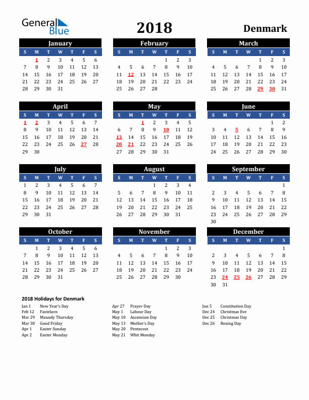 2018 Denmark Holiday Calendar
