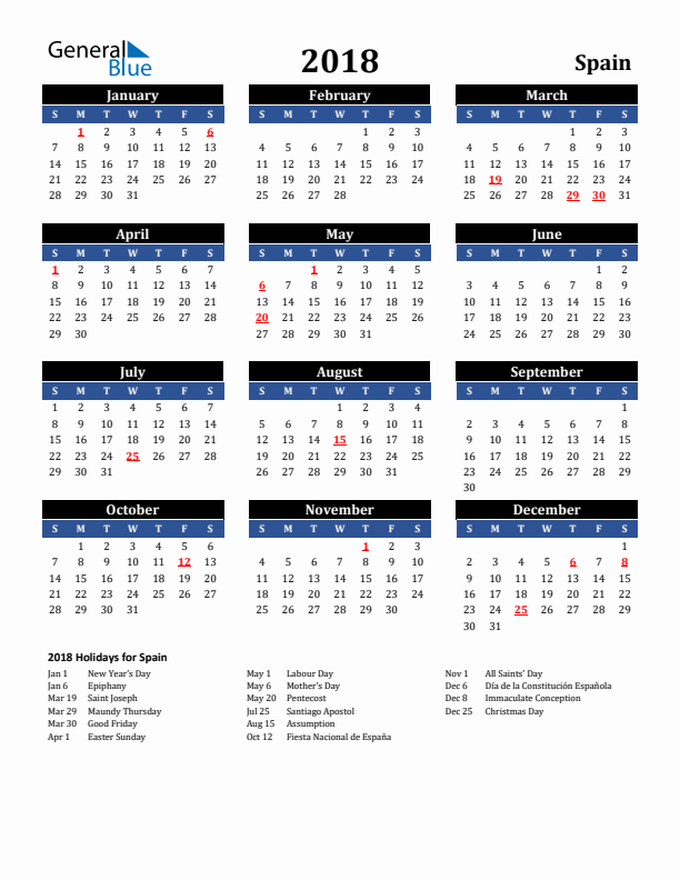2018 Spain Holiday Calendar