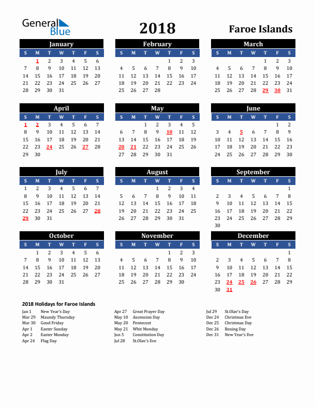 2018 Faroe Islands Holiday Calendar