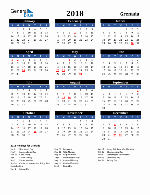 2018 Grenada Holiday Calendar