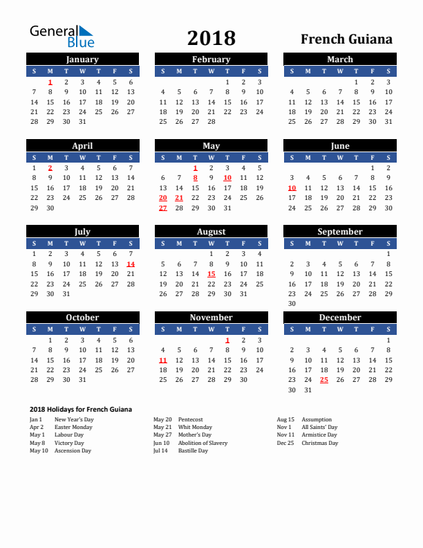 2018 French Guiana Holiday Calendar