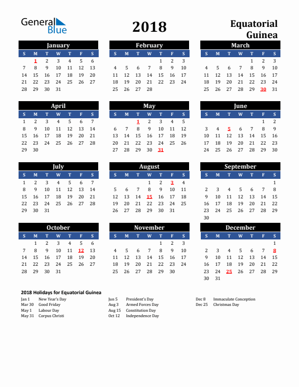 2018 Equatorial Guinea Holiday Calendar