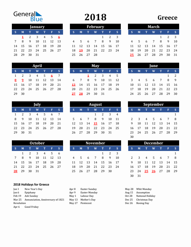 2018 Greece Holiday Calendar