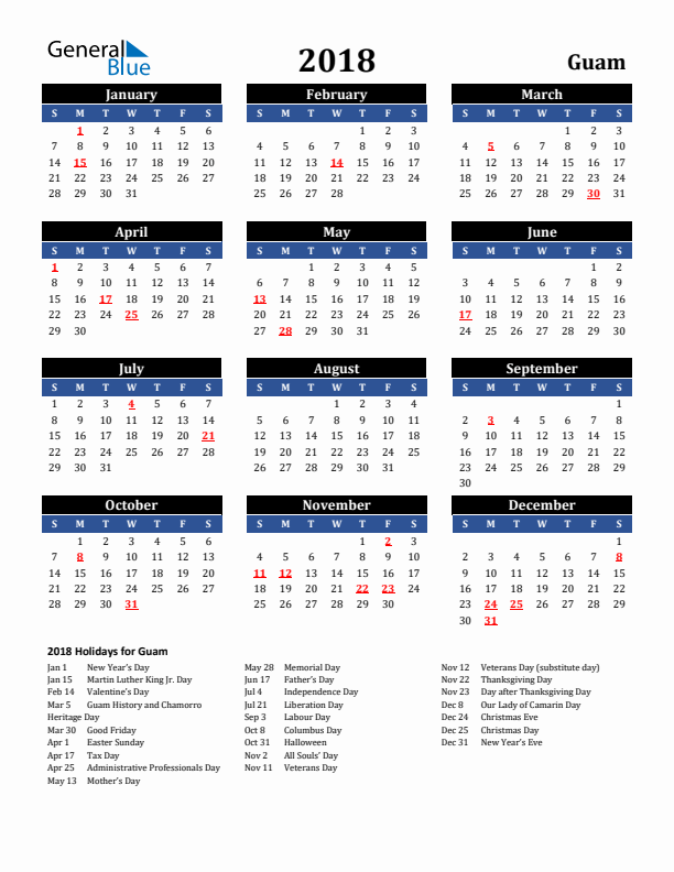 2018 Guam Holiday Calendar