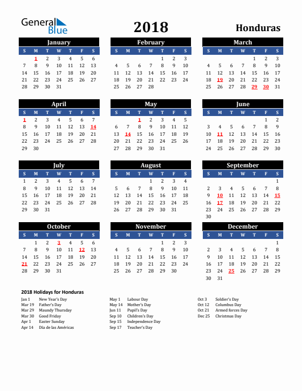 2018 Honduras Holiday Calendar