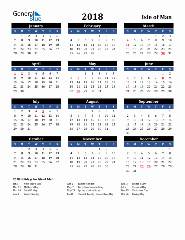 2018 Isle of Man Holiday Calendar