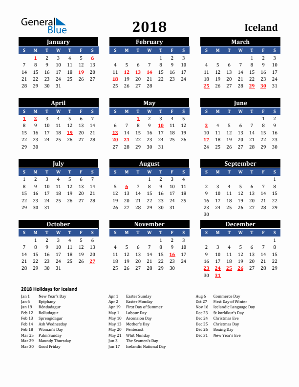 2018 Iceland Holiday Calendar