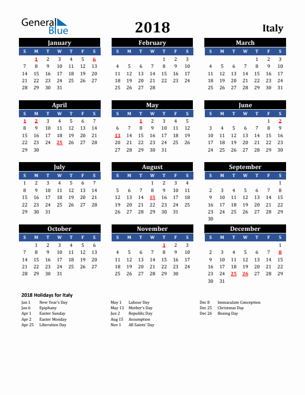 2018 Italy Holiday Calendar
