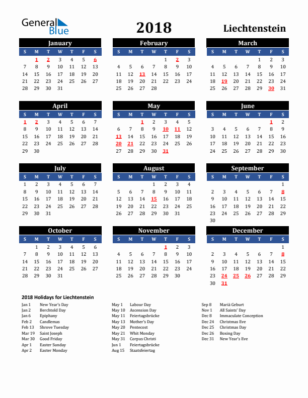 2018 Liechtenstein Holiday Calendar