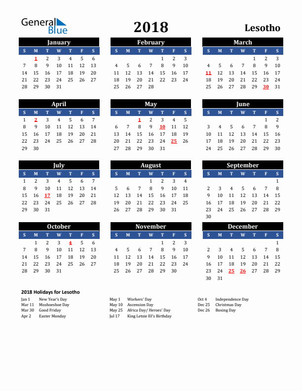 2018 Lesotho Holiday Calendar