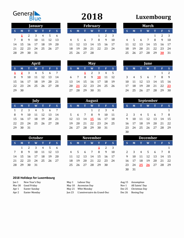 2018 Luxembourg Holiday Calendar