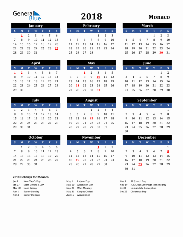 2018 Monaco Holiday Calendar