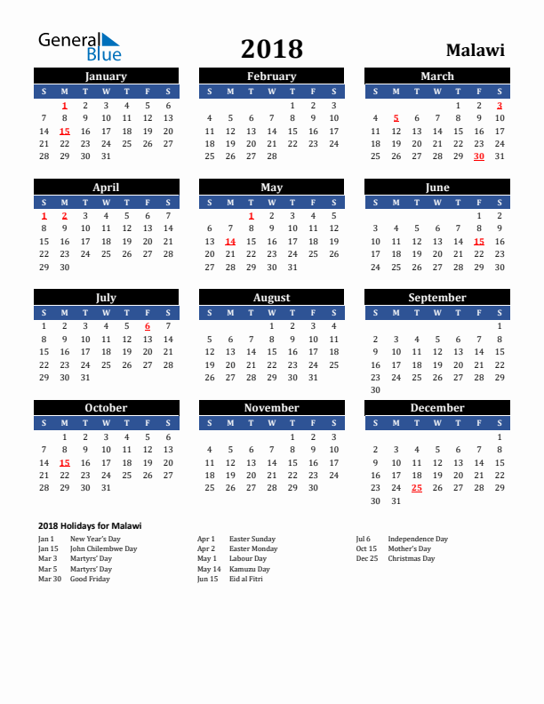 2018 Malawi Holiday Calendar