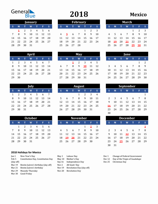 2018 Mexico Holiday Calendar