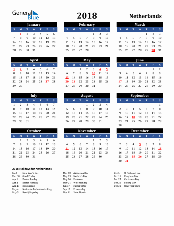 2018 The Netherlands Holiday Calendar